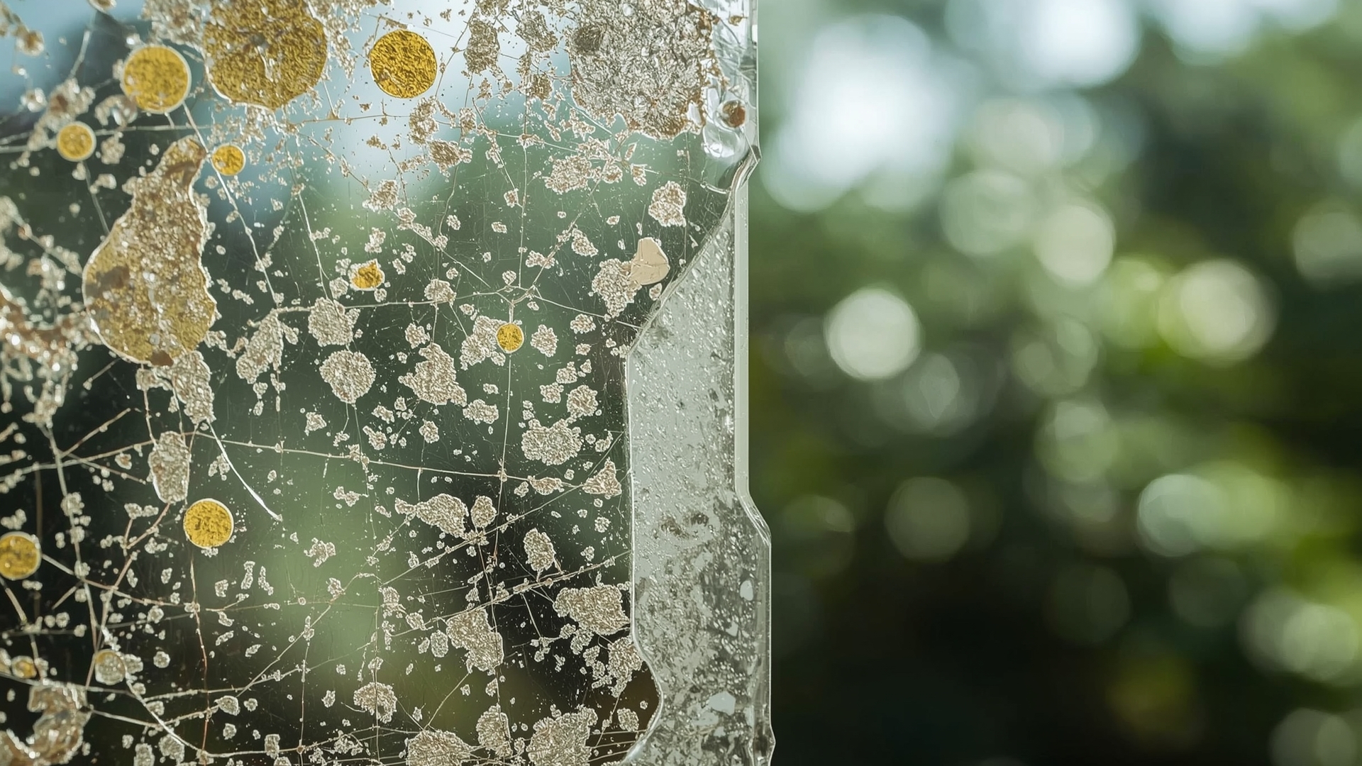 Close-up macro view of window glass covered in pollen film and mineral deposits