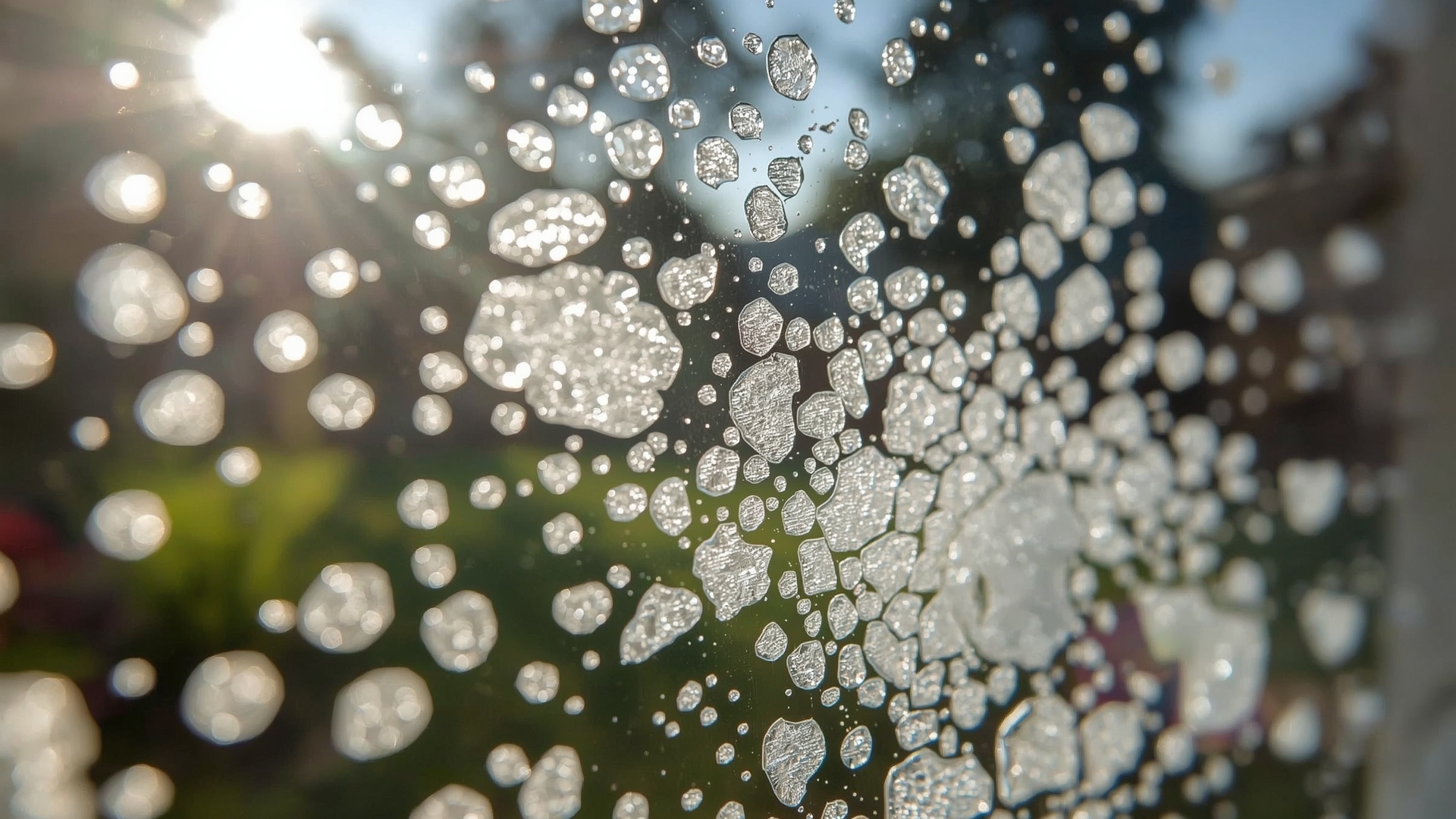 Close-up of white hard water mineral deposits on a residential window pane