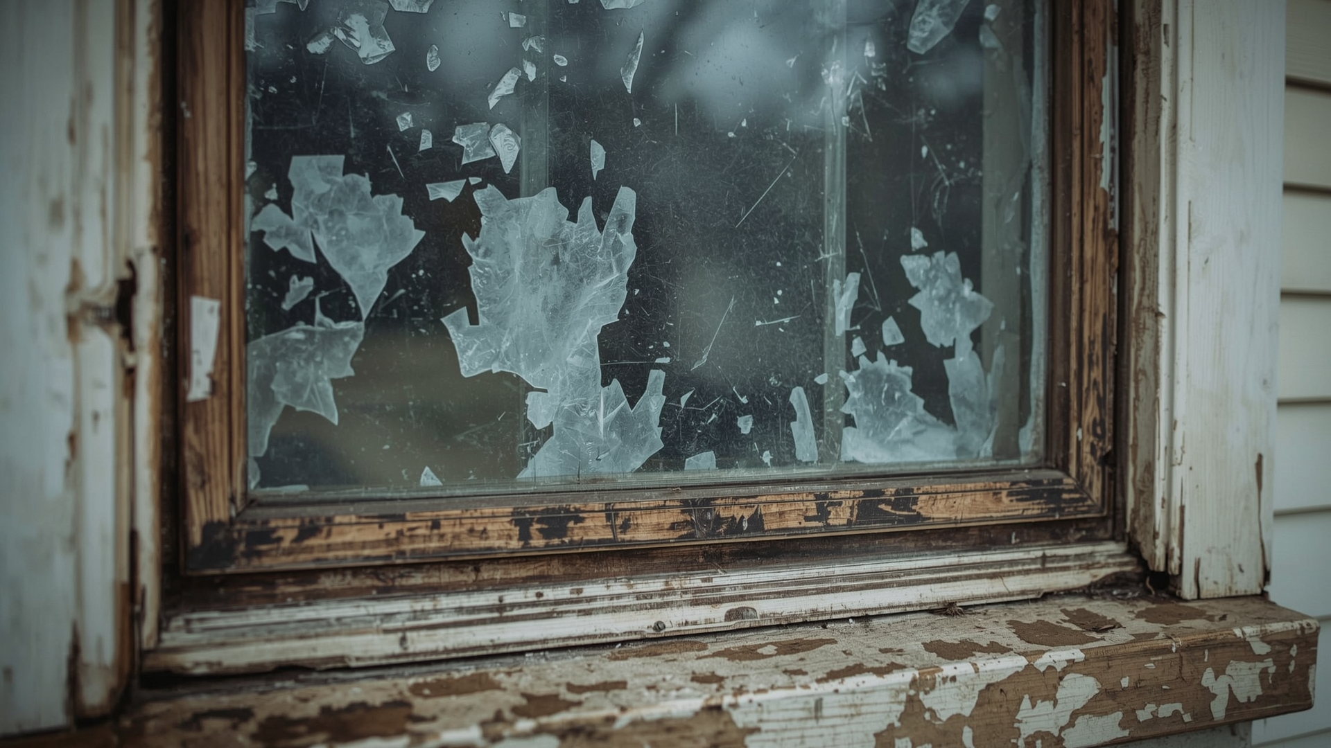 Deteriorating window with permanent mineral staining on glass and moisture-damaged wooden frame from ignored seal failure