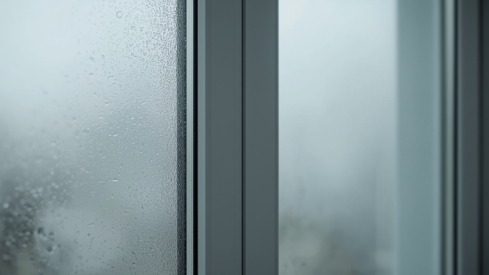 Double-pane window showing foggy haze and condensation trapped between glass panes from seal failure