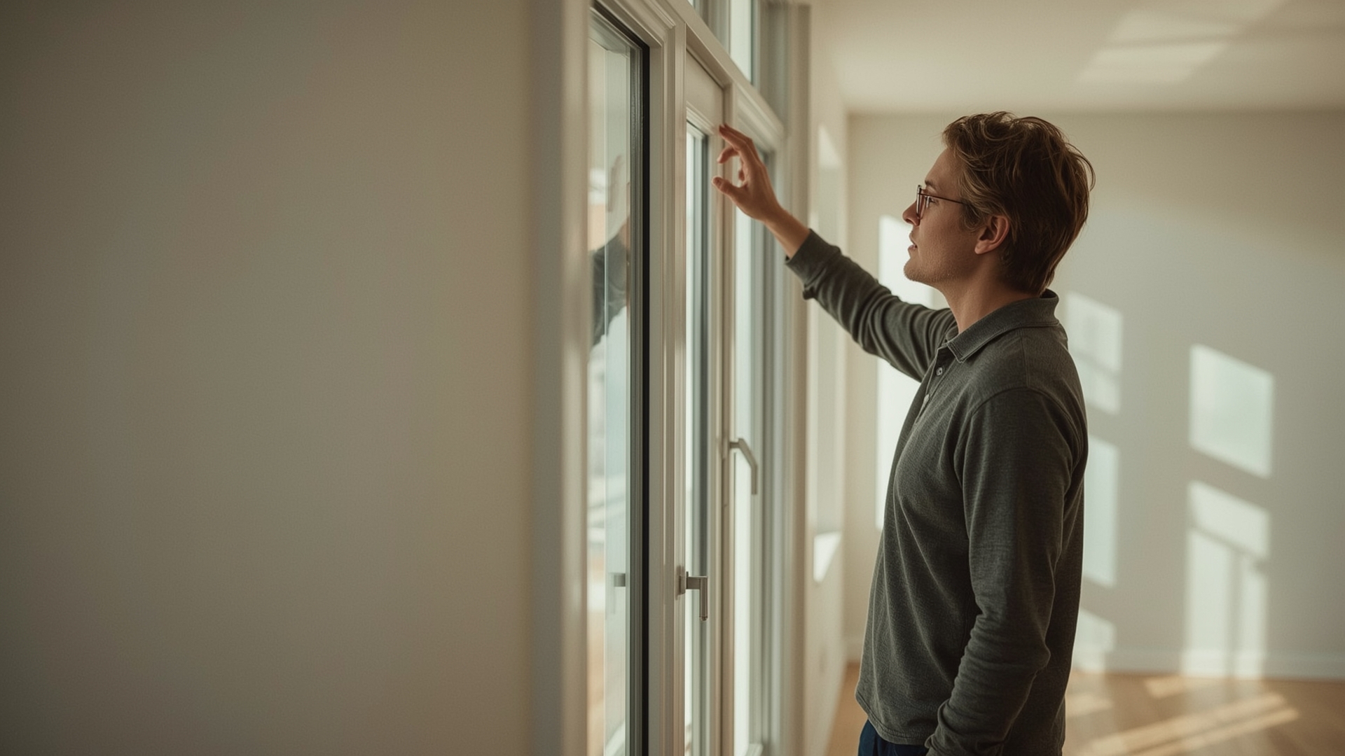 Homeowner carefully inspecting double-pane window glass for signs of seal failure in bright living room