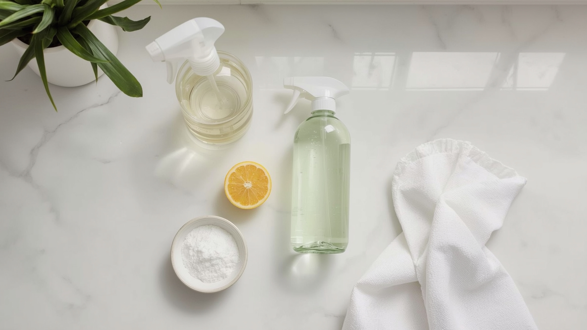 Overhead flat lay of household cleaning supplies for removing hard water spots from windows