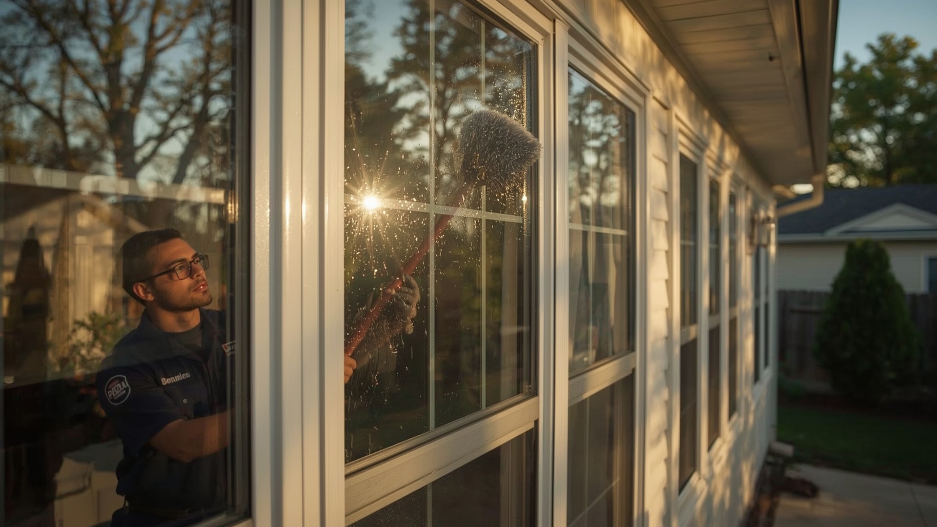 Professional technician cleaning and inspecting vinyl window frame on residential home exterior