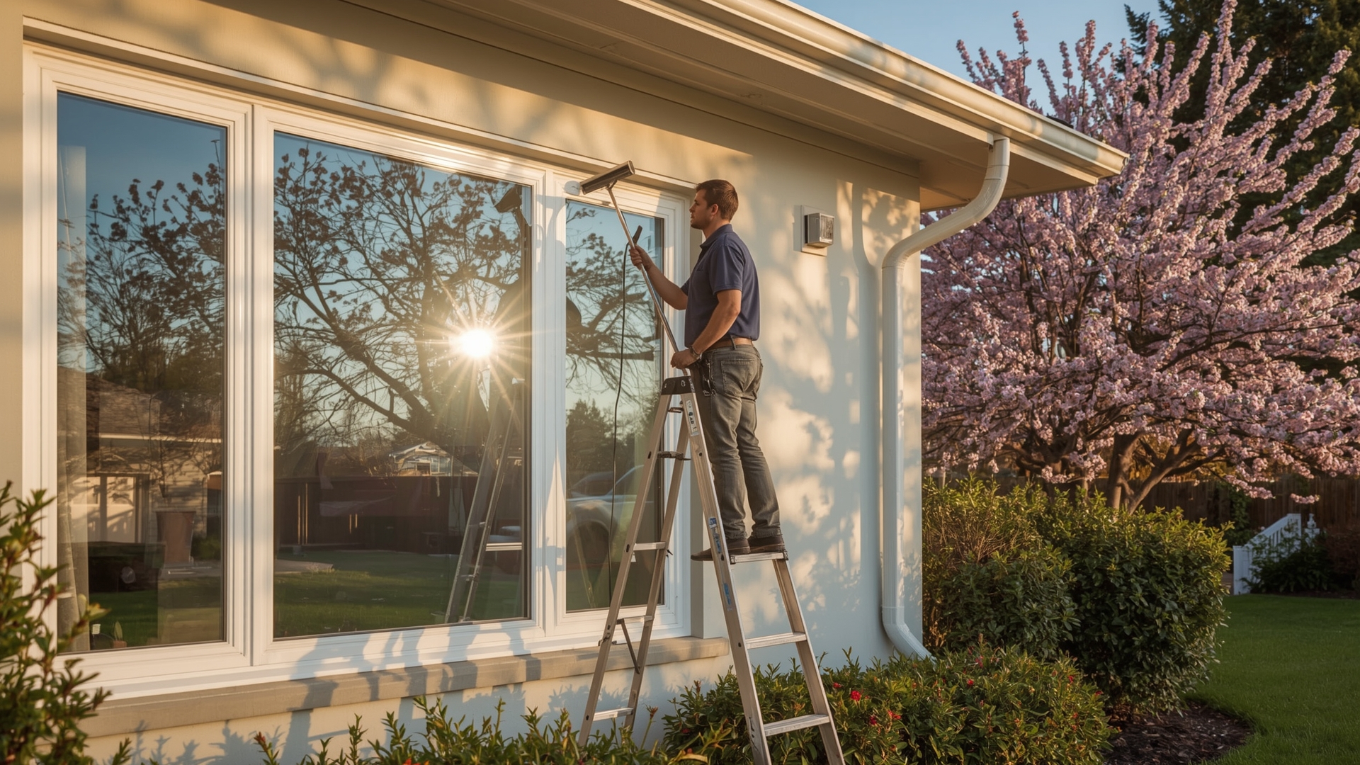 Professional window cleaner on ladder cleaning home exterior windows during spring cherry blossom season