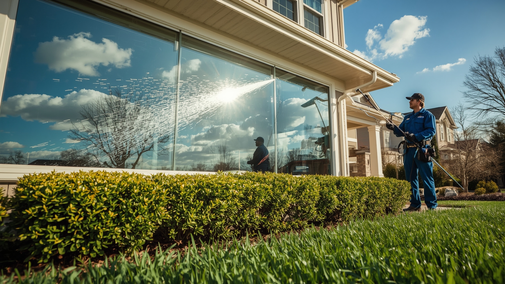 Professional window cleaner using water-fed pole on suburban two-story home exterior
