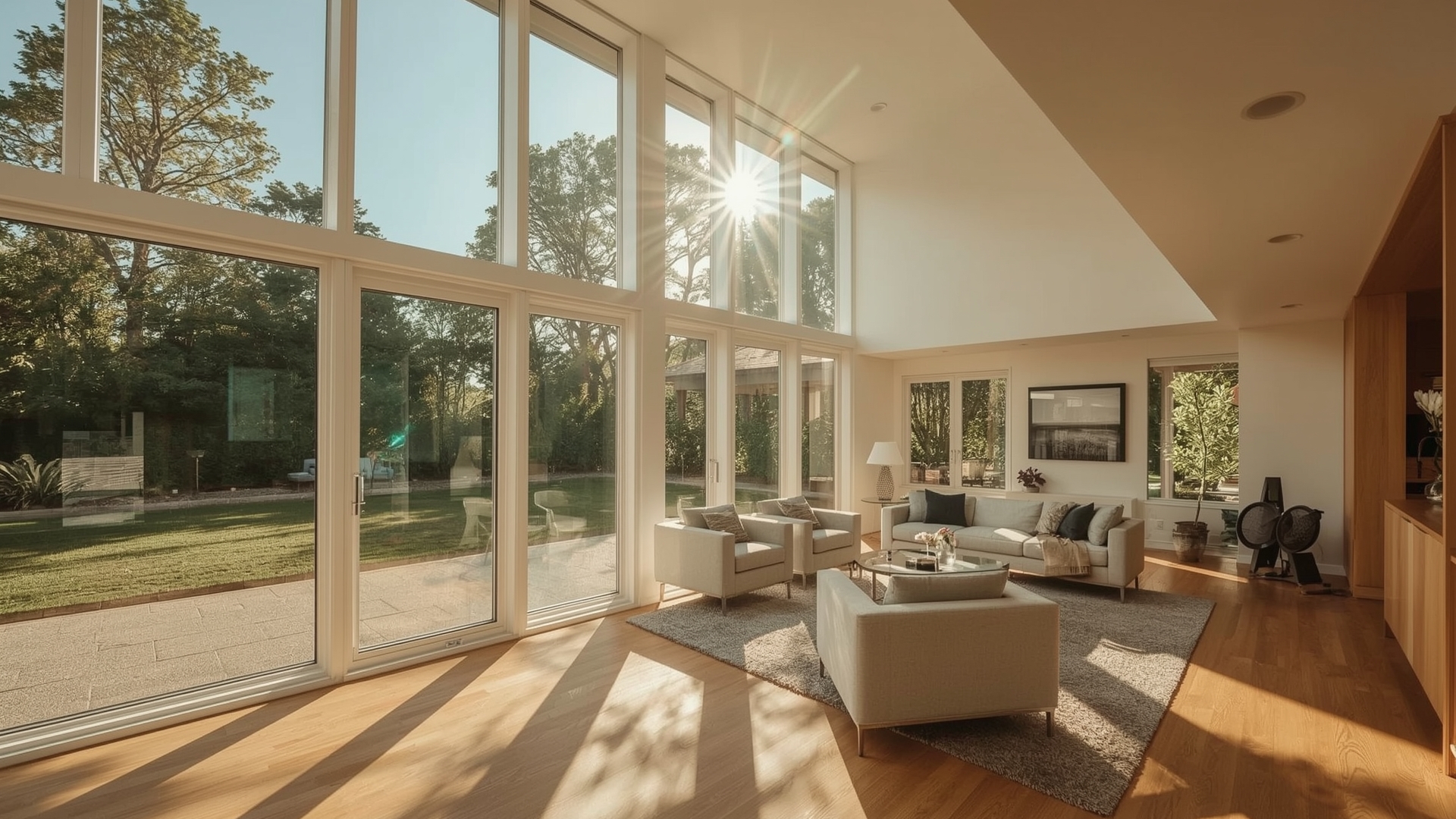 Sunlit living room interior with spotless clean windows allowing full natural light inside