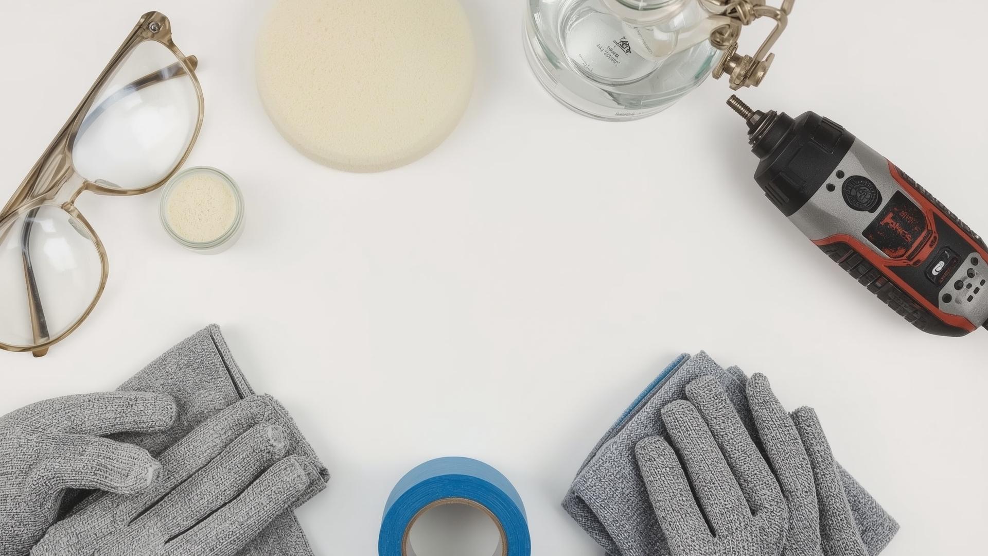 Cerium oxide glass polishing supplies laid out on a workbench including felt pad drill and safety gear