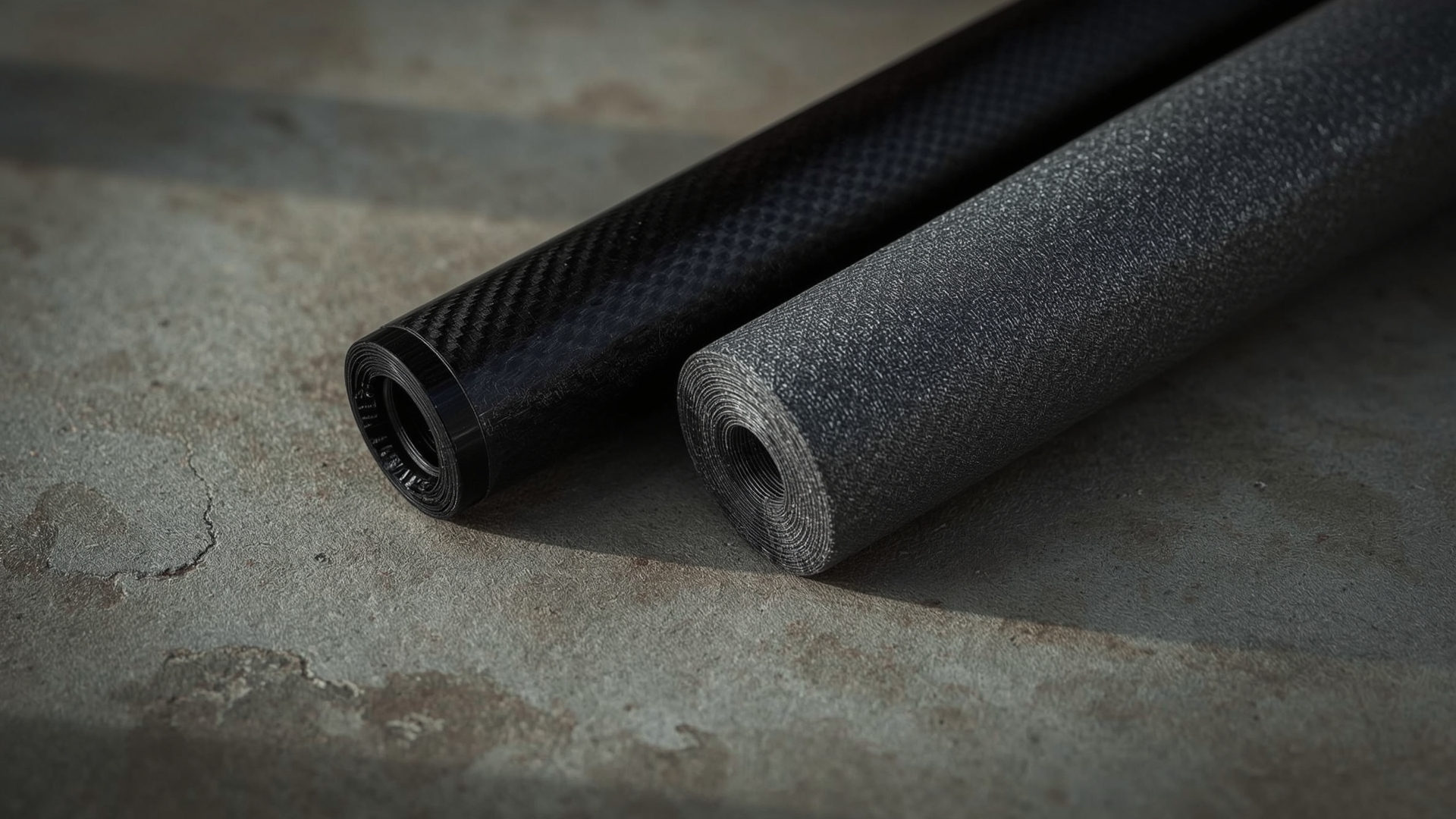 Close-up macro comparison of carbon fiber weave texture beside fiberglass pole surface material