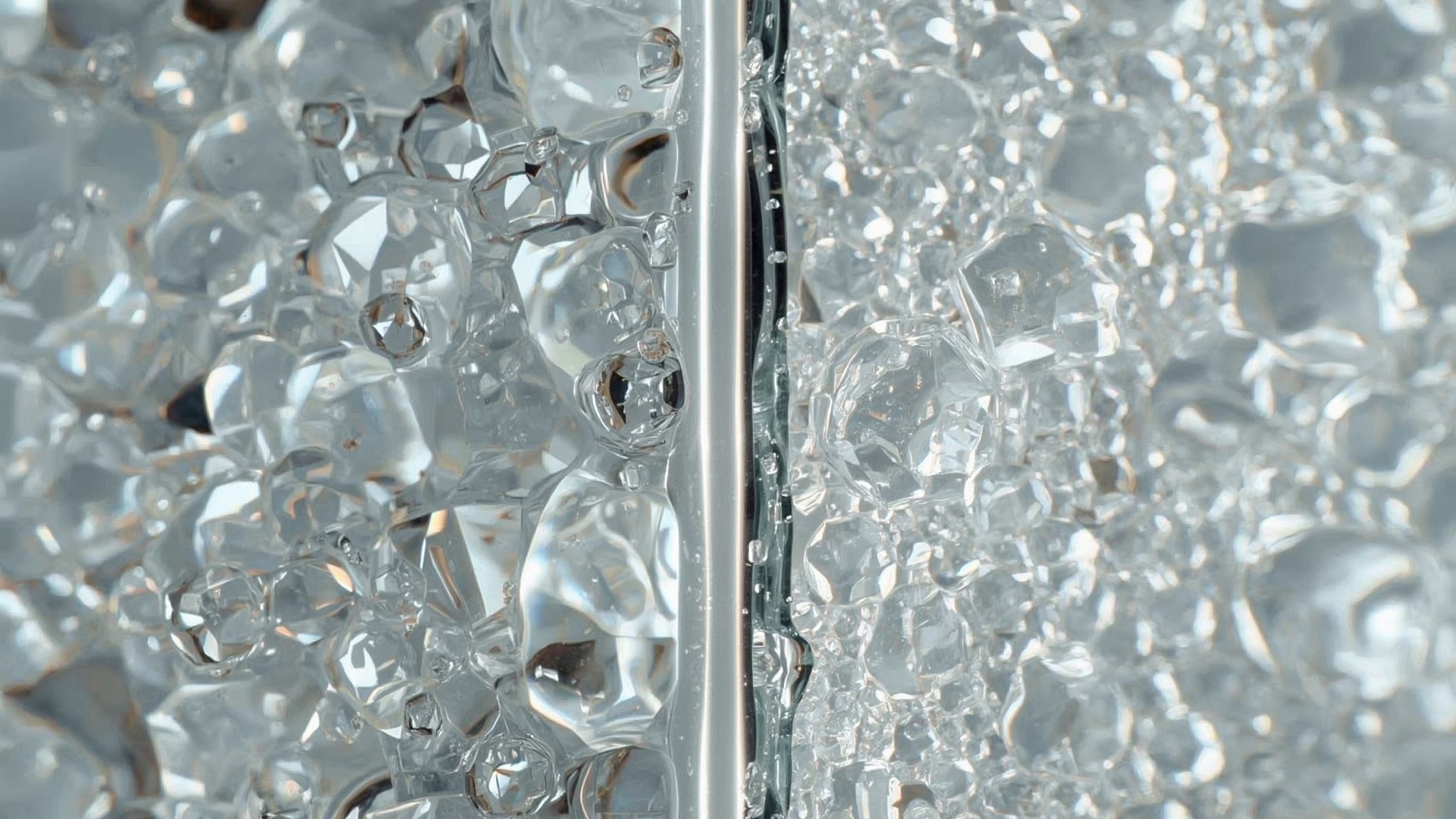 Close-up macro view of chemically etched glass surface showing frosted haze versus clear glass