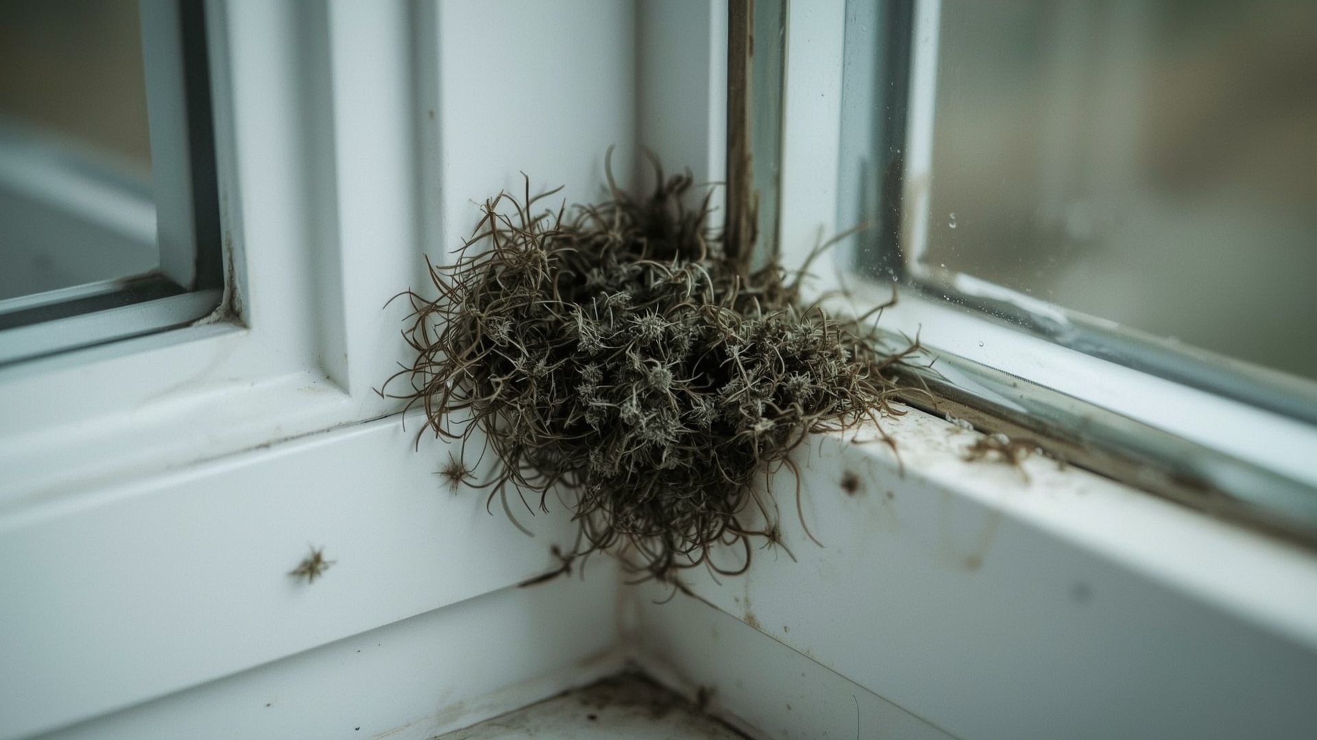 Close-up of black and green mold growth on white vinyl window frame corner