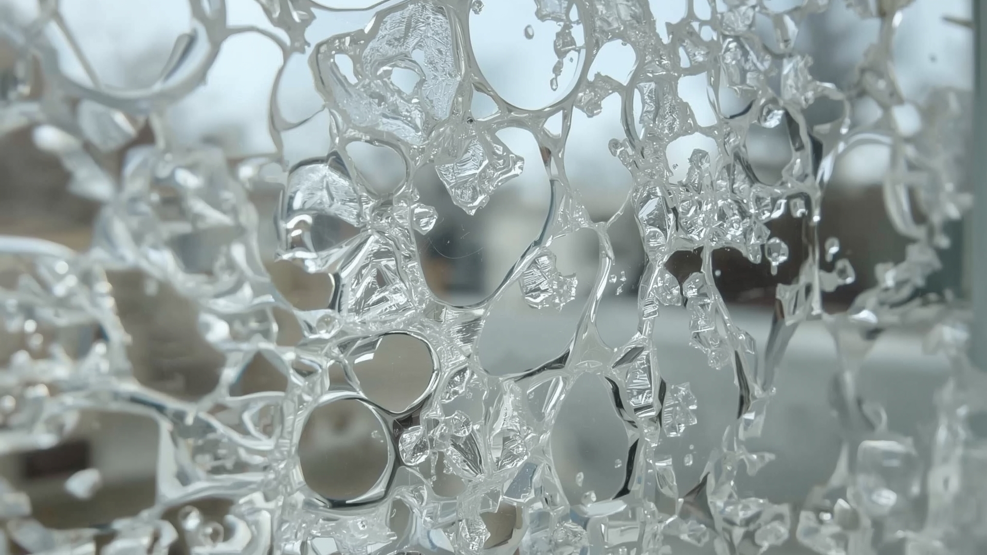 Close-up of chalky white mineral deposit buildup on exterior residential window glass surface