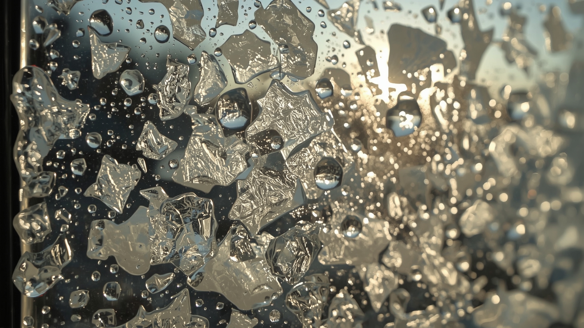 Close-up of hard water mineral deposits forming white hazy buildup on window glass