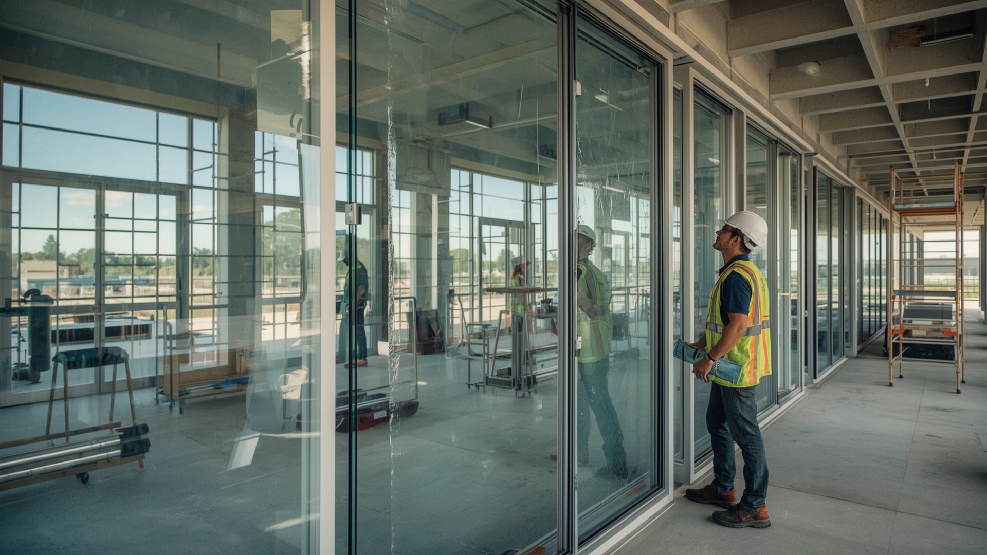 Construction worker applying temporary protective film onto large glass windows to prevent chemical etching damage
