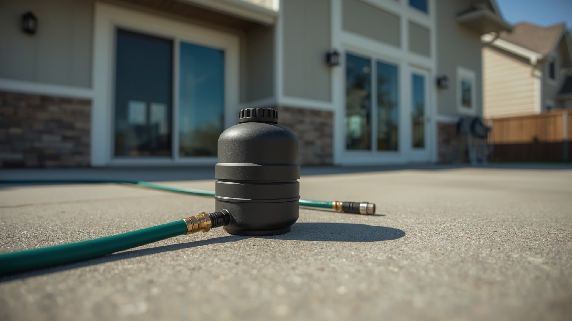 Deionized water filter connected to garden hose for home window rinsing setup