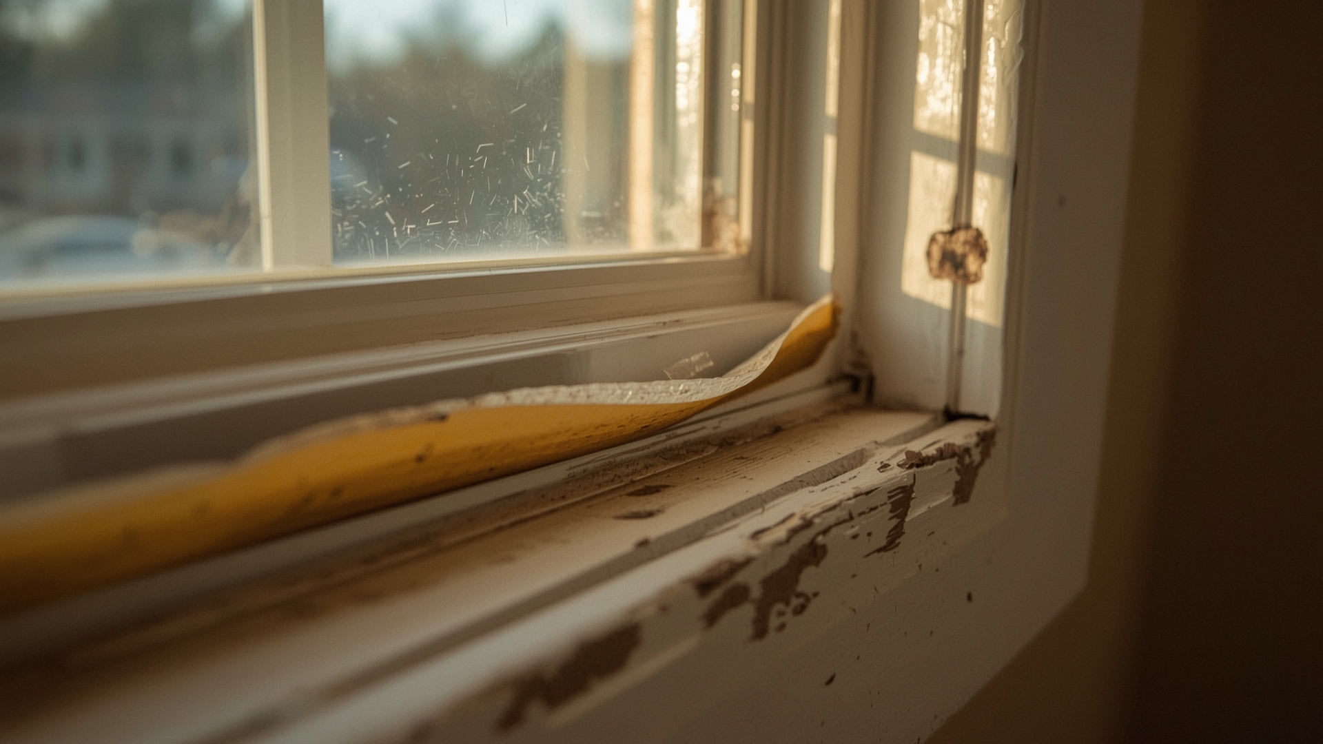 Deteriorated window weatherstripping showing visible flattening and separation from wooden frame