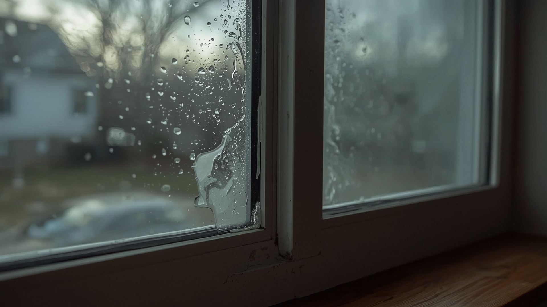 Failed double pane window with visible condensation and fog trapped between the glass panes