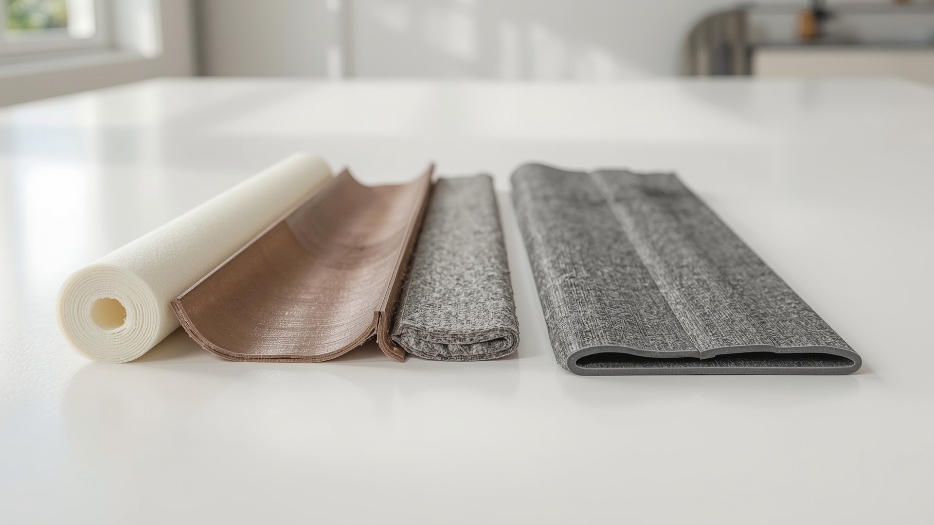 Five types of window weatherstripping materials displayed side by side on white surface