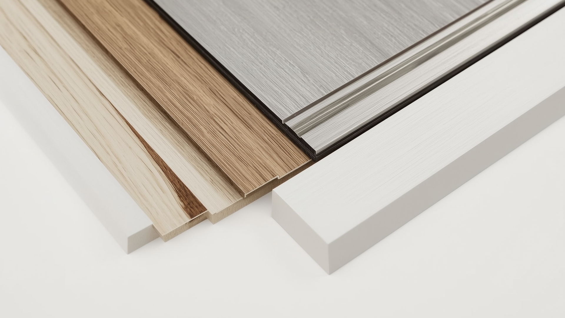 Four window frame material samples showing vinyl wood aluminum and fiberglass textures side by side