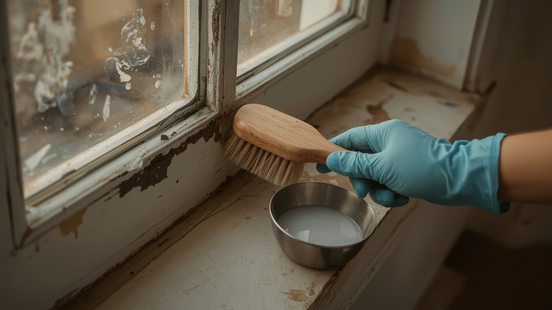 Gloved hands scrubbing dark mold stains off a weathered wooden window frame with a stiff brush