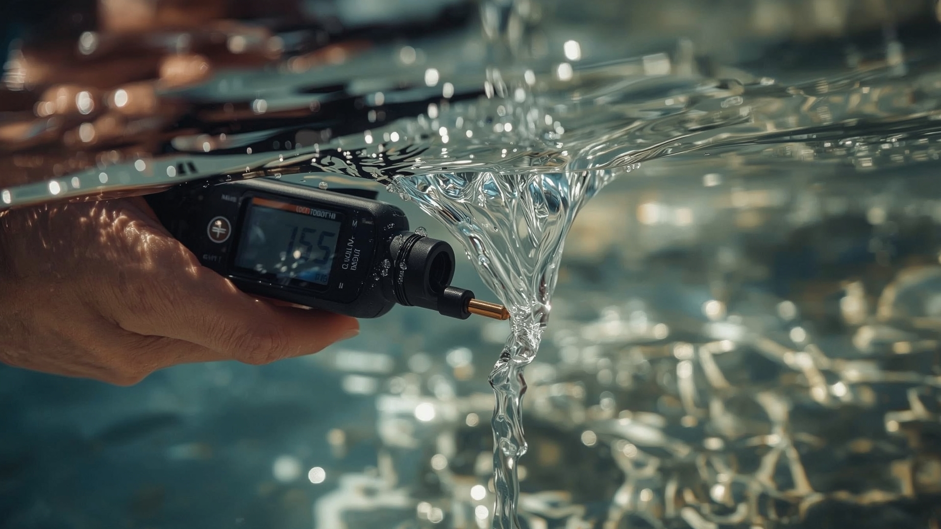Hand holding TDS meter probe in filtered water stream to test deionized water quality