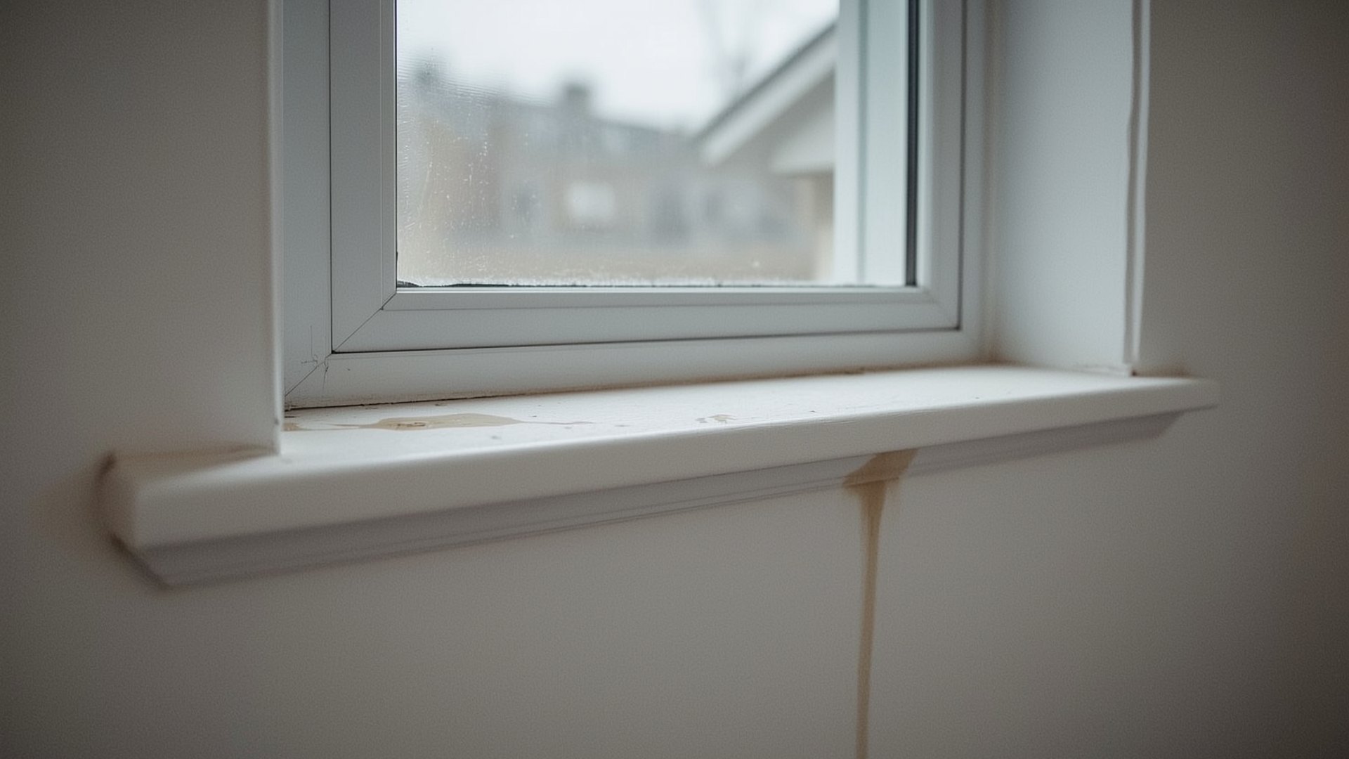 Interior window sill showing early water damage signs including paint bubbling and moisture staining
