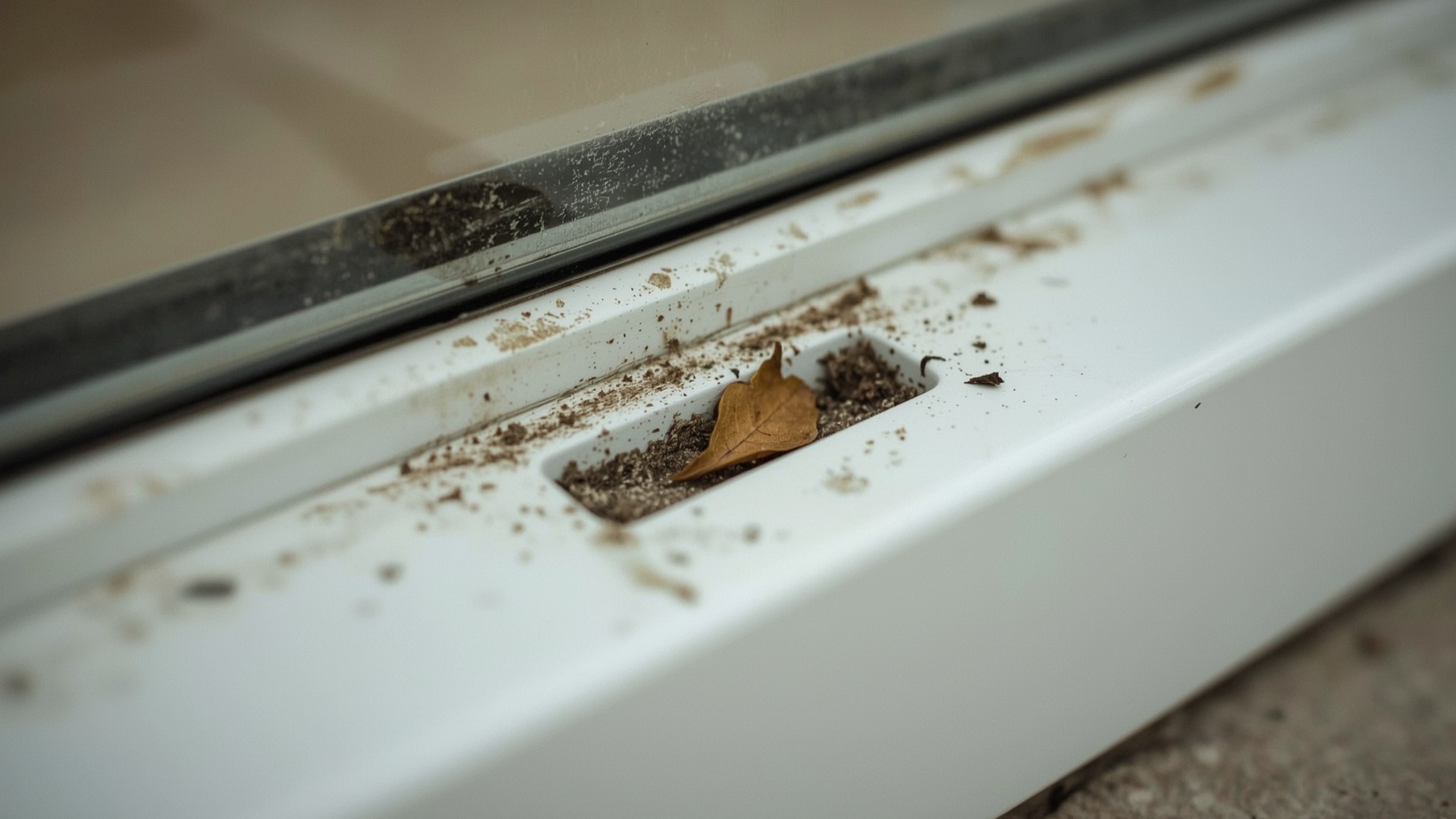 Macro close-up of a vinyl window frame drainage slot clogged with dirt and leaf debris