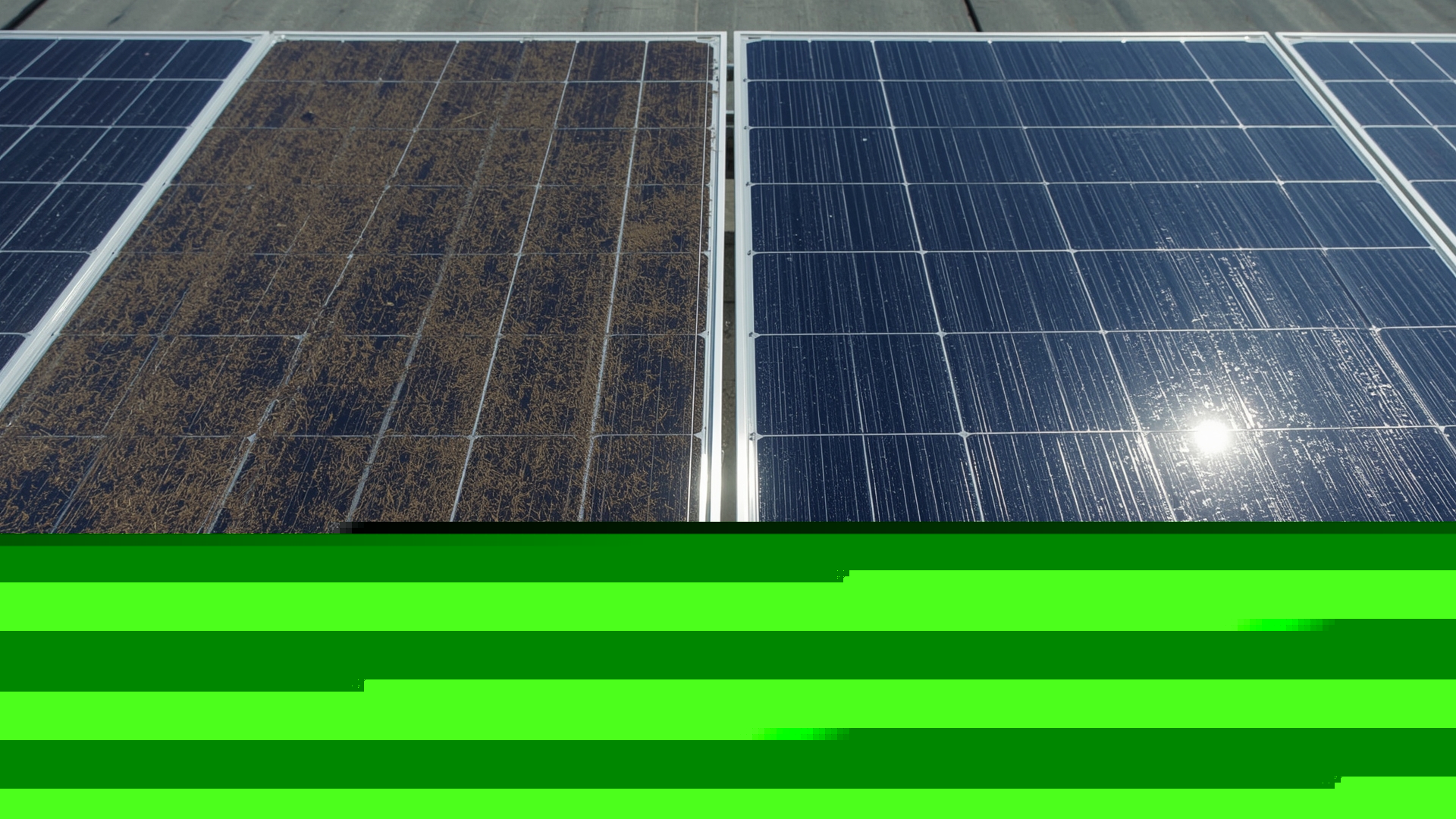 Macro comparison of dirty dust-covered solar panel beside clean streak-free solar panel after WFP cleaning