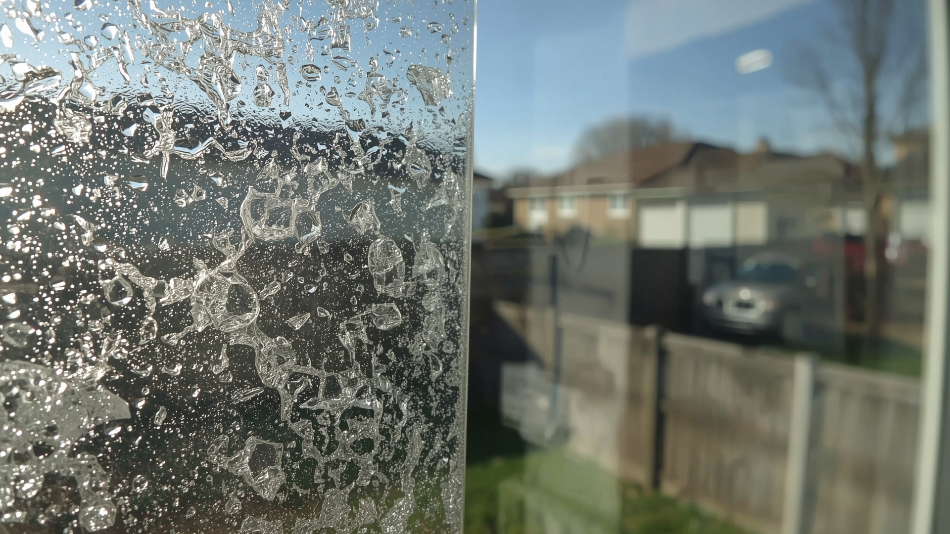 Macro view of window glass showing cloudy mineral haze on left and clear polished surface on right