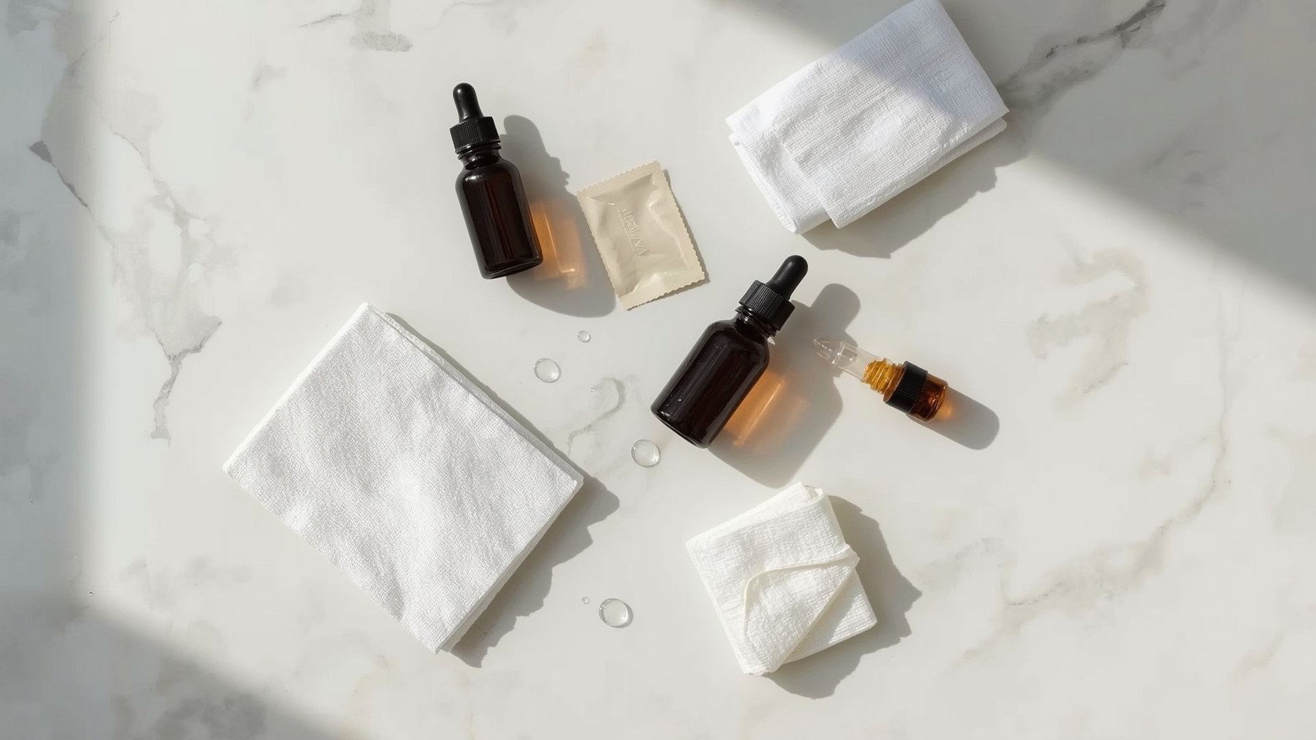 Overhead flat lay of hydrophobic glass coating products and microfiber applicators