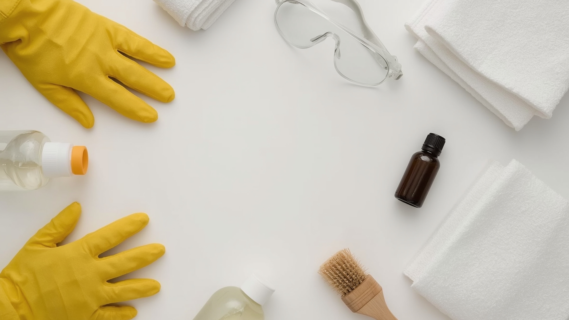 Overhead flat-lay of mold cleaning supplies including gloves mask spray bottle and scrub brush