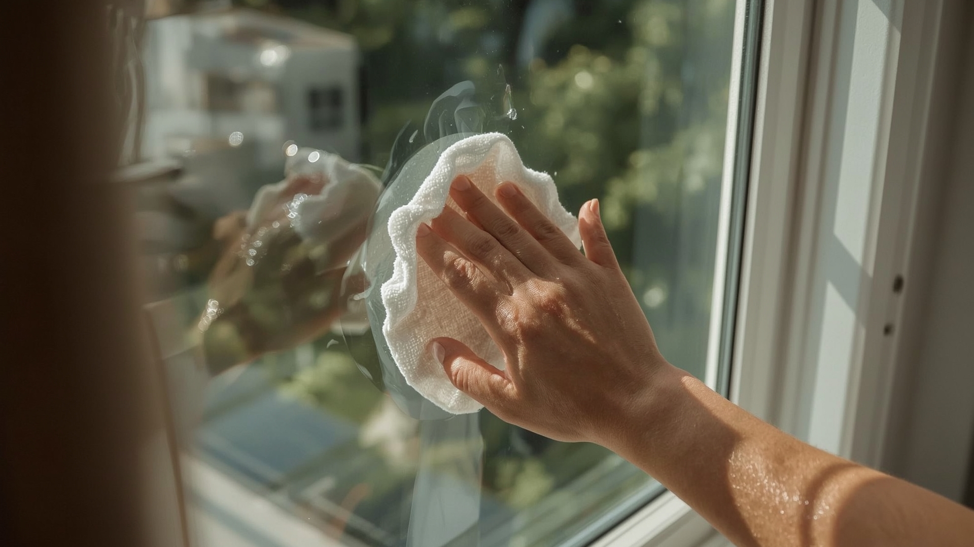 Person applying hydrophobic glass coating to window with microfiber pad