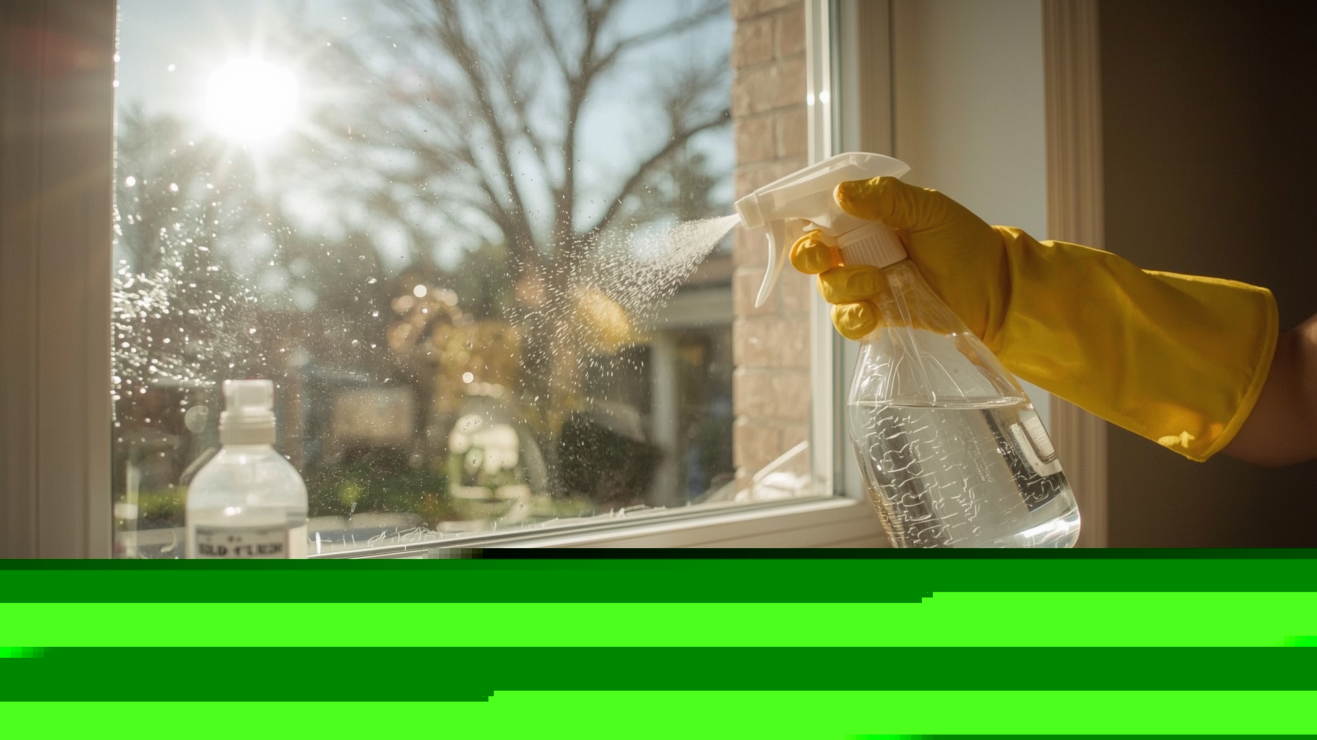 Person in rubber gloves spraying vinegar solution onto window glass to remove mineral deposits