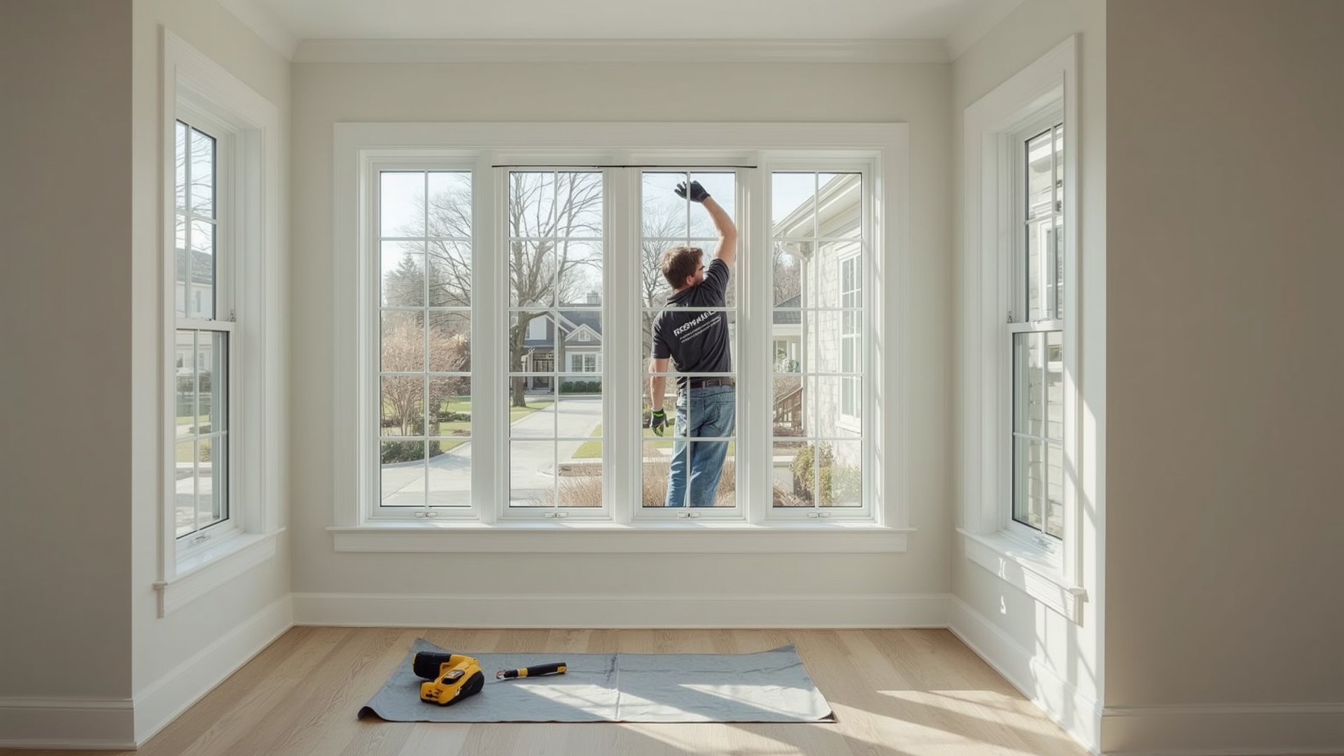 Professional installer fitting a double pane window unit into a vinyl frame indoors