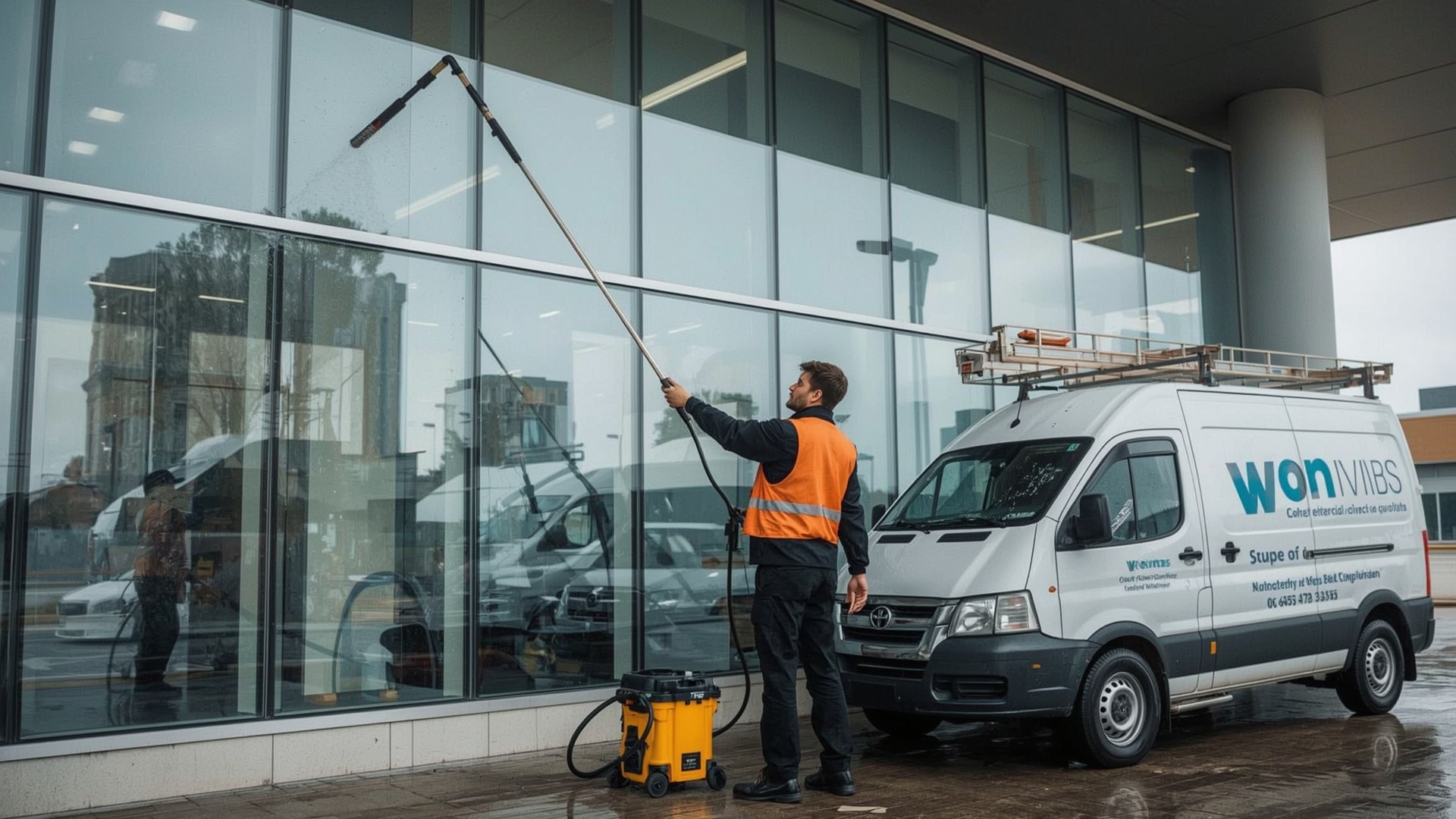 Professional window cleaner using water fed pole system on commercial office building exterior