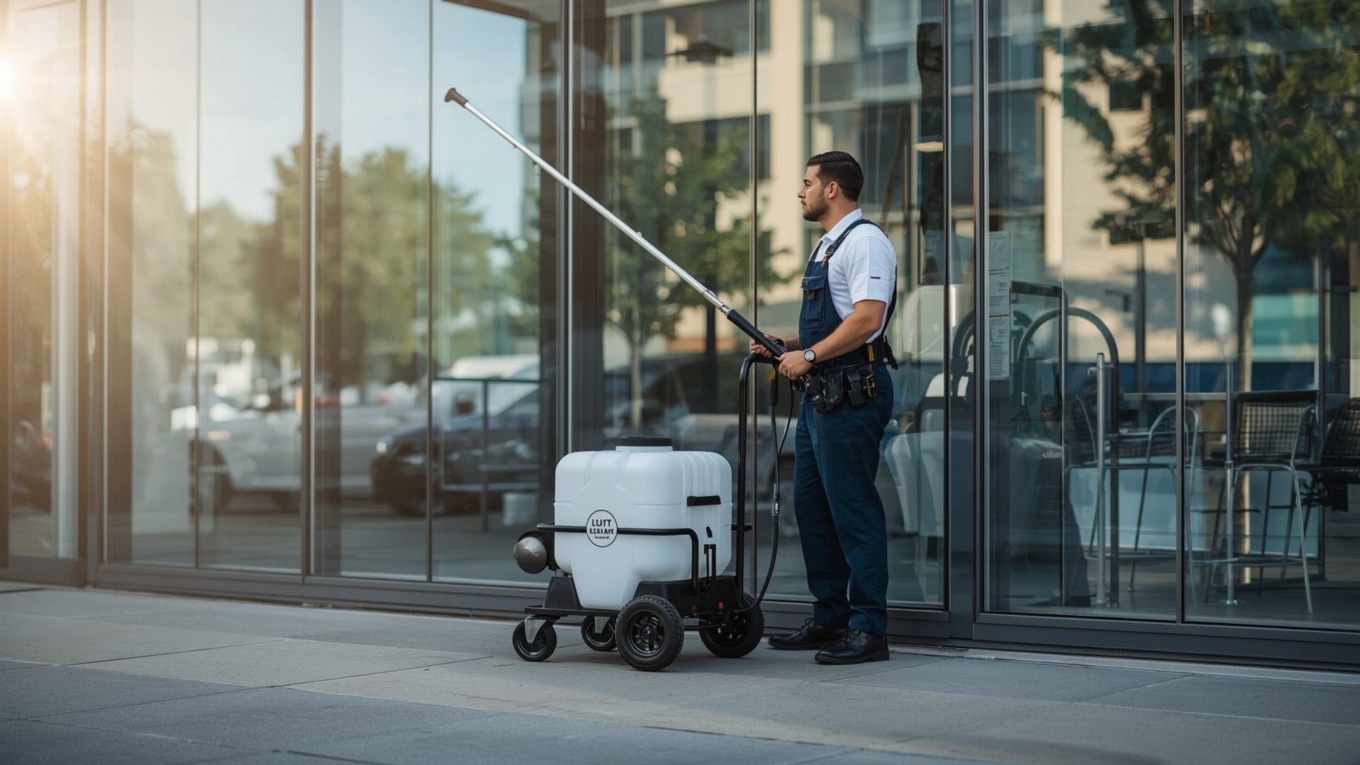Professional window cleaner using water-fed pole system with DI resin vessel on urban building