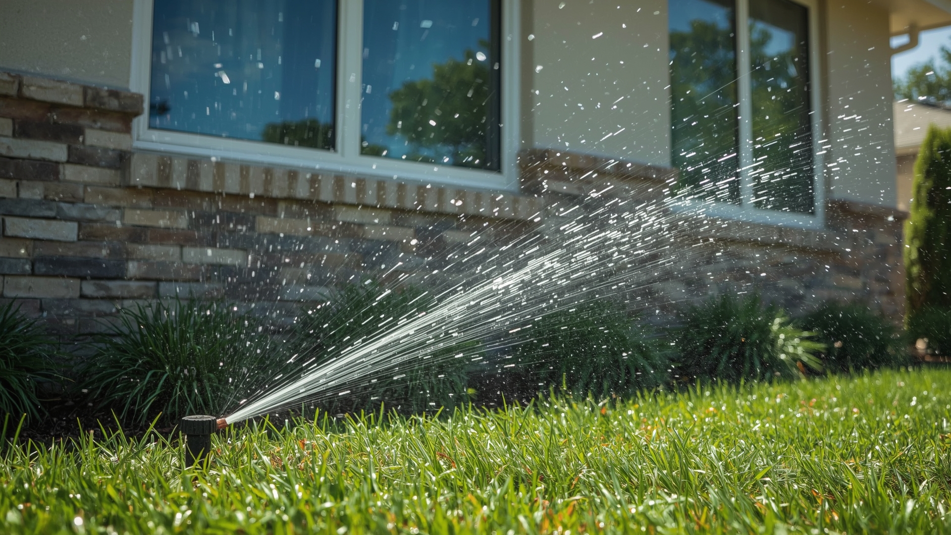 Residential sprinkler system spraying water directly toward exterior home windows during irrigation cycle