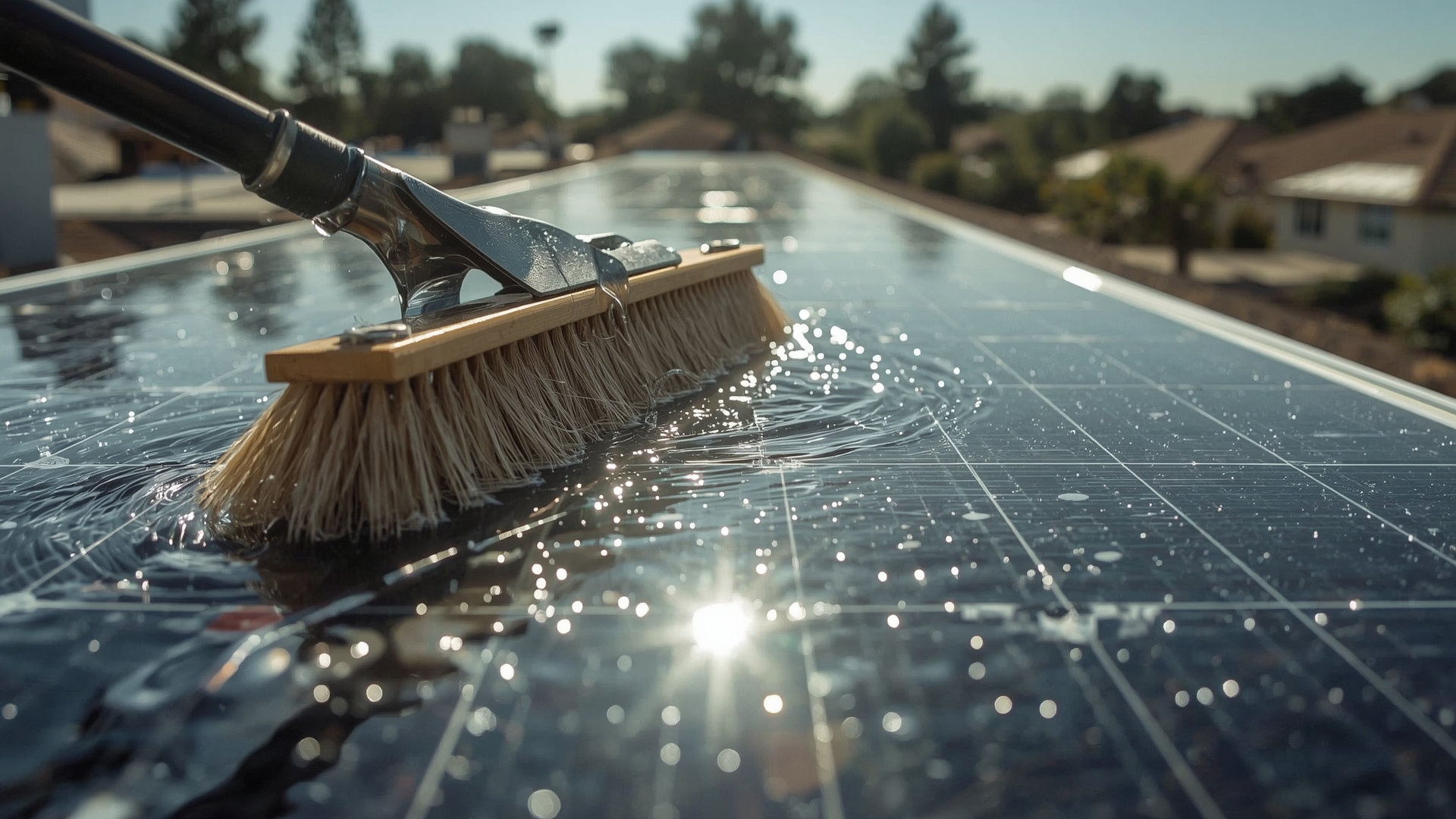 Soft brush head delivering purified water across solar panel glass during step-by-step WFP cleaning process
