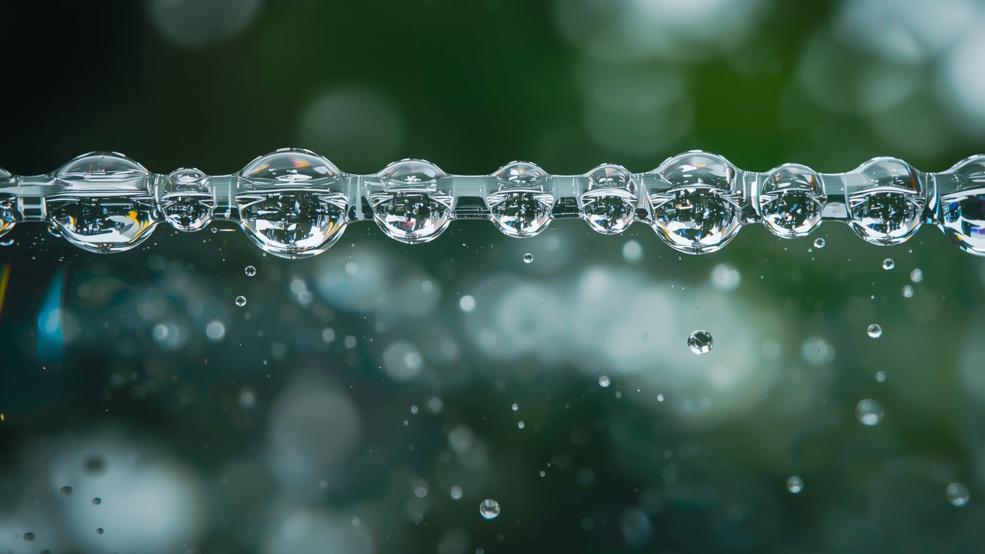 Spherical water droplets beading on hydrophobic treated window glass surface