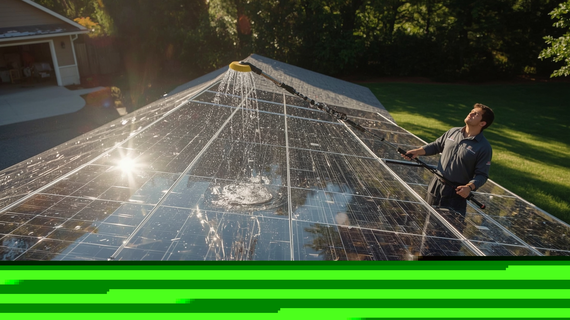 Technician using water fed pole system to clean rooftop solar panels from ground level