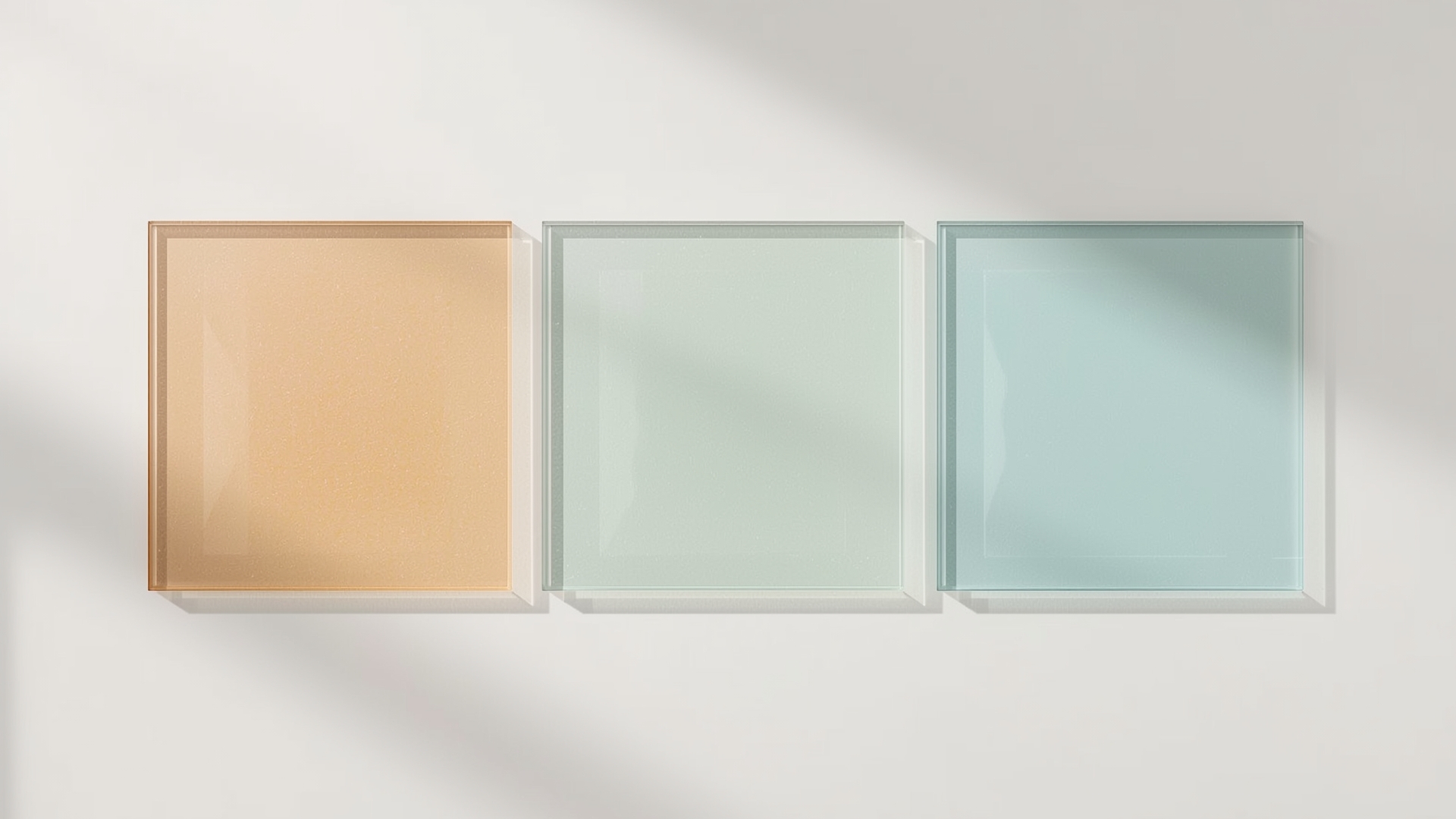 Three different low-E glass panel types arranged side by side showing coating variations