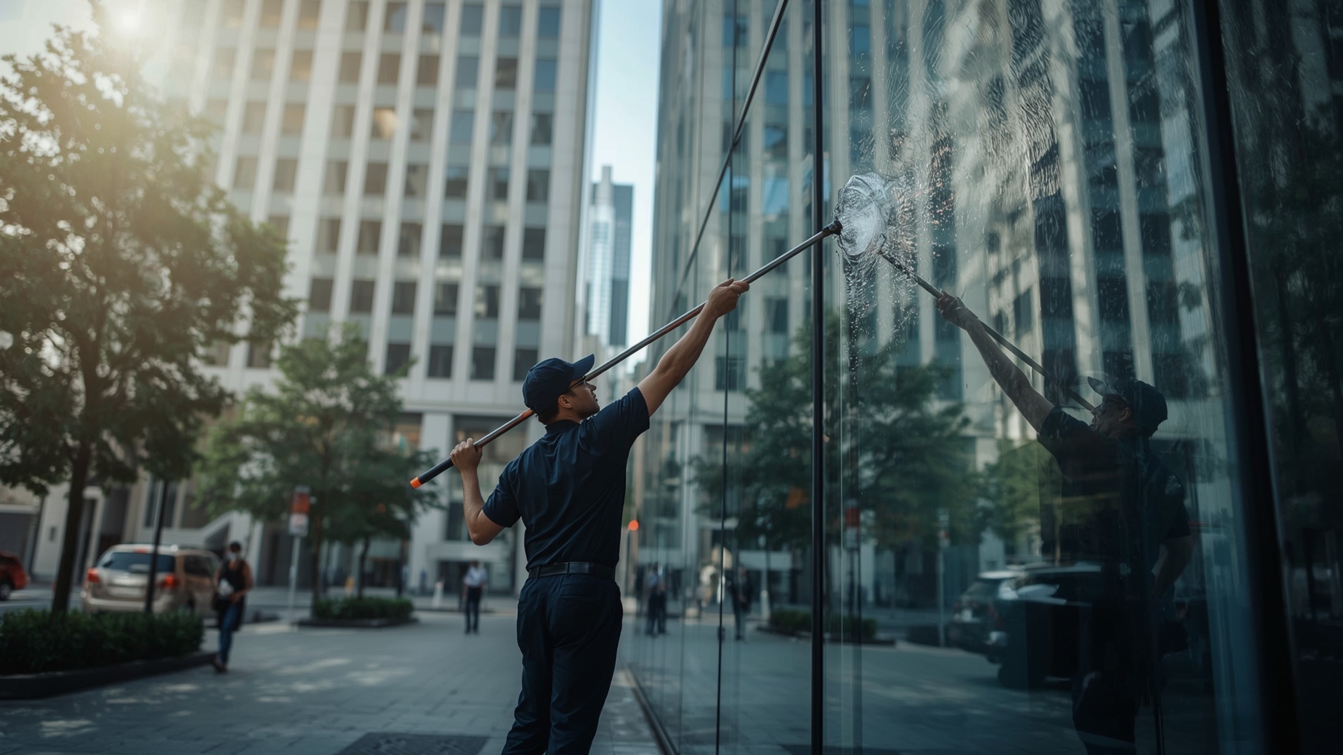 Window cleaner holding extended water fed pole toward multi-story glass building exterior